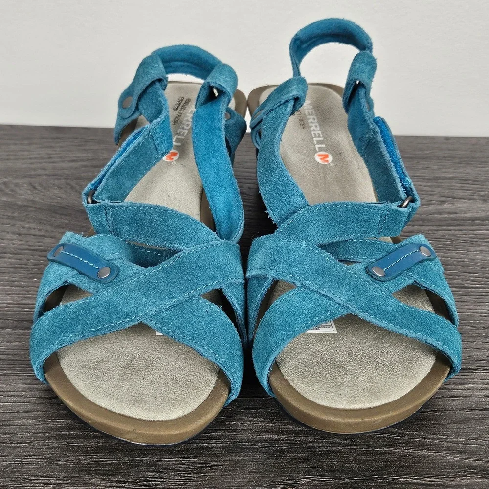 Merrell Womens Sz 8 Revalli Cross Dragonfly Blue Suede Wedge Sandals J22000